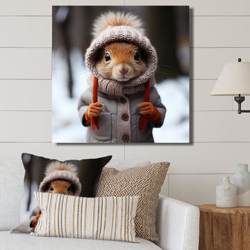 Squirrel with Hat in snow - Squirrel Canvas Wall Art